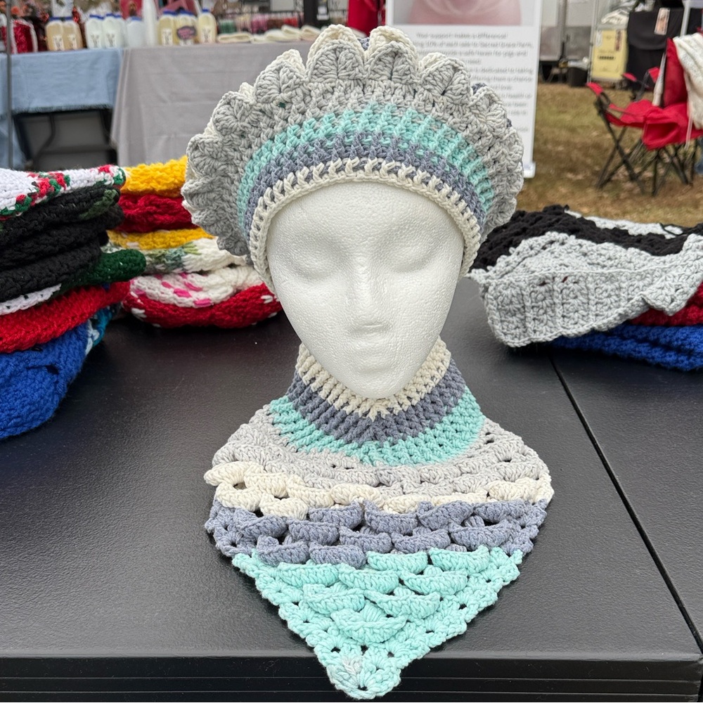 Crochet hat and v-neck scarf  Gray and Blue